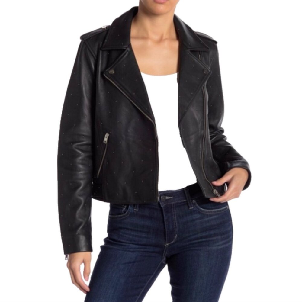 Lucky Brand Pin Dot Black Leather Moto Jacket